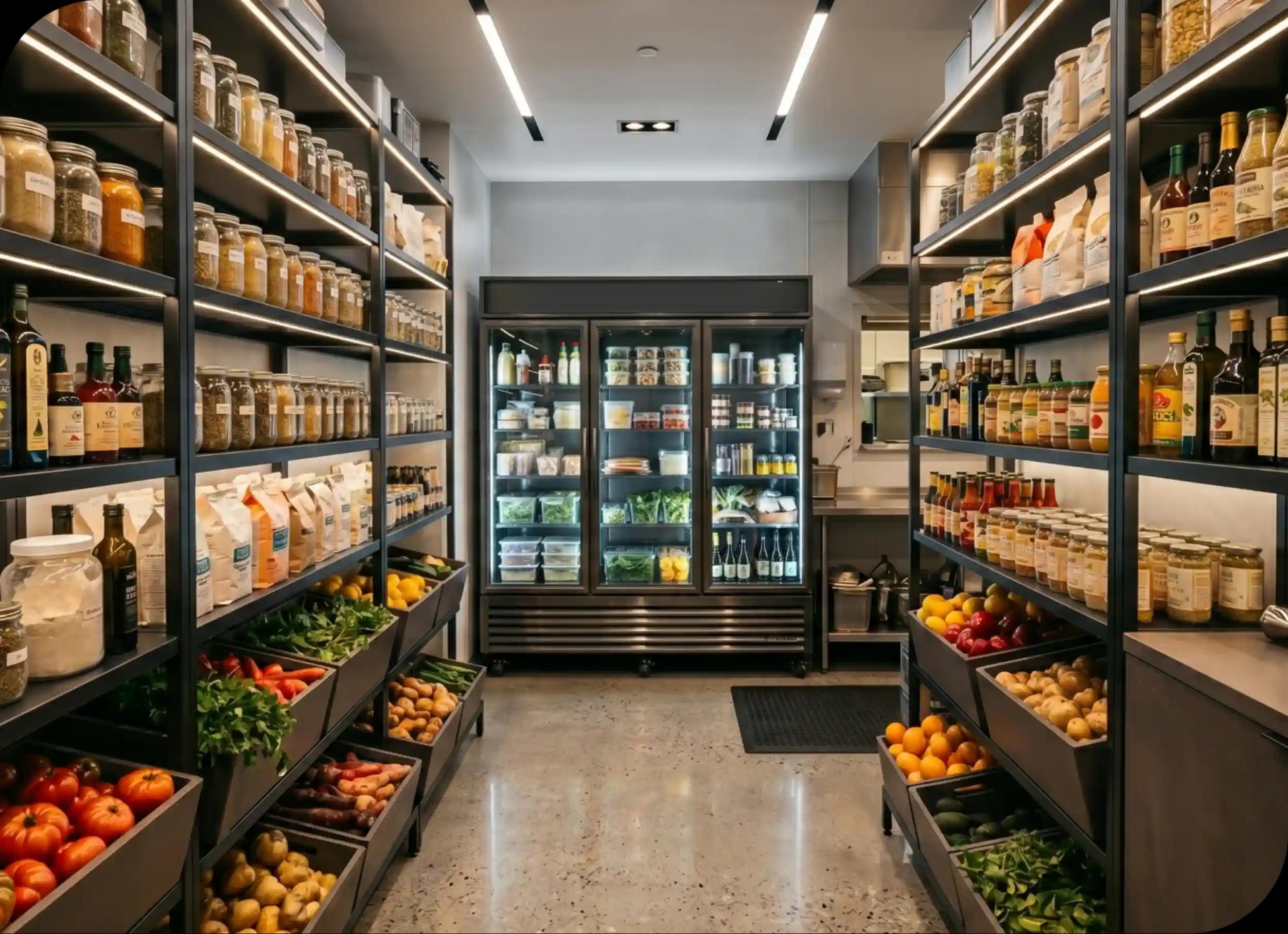 Magazyn restauracji z regałami produktów i lodówkami