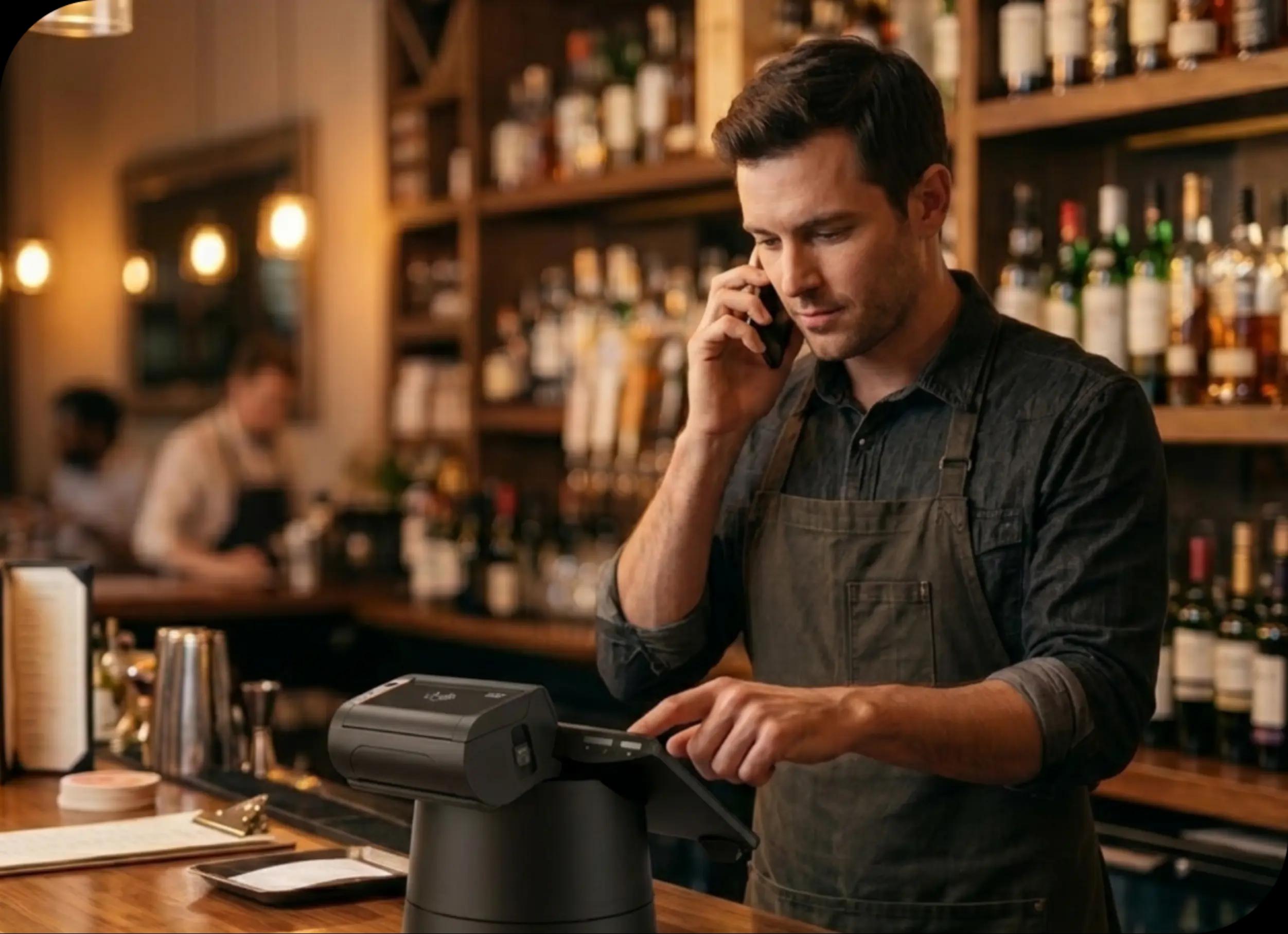 Barman przyjmuje zamówienie telefoniczne na systemie POS GoPOS