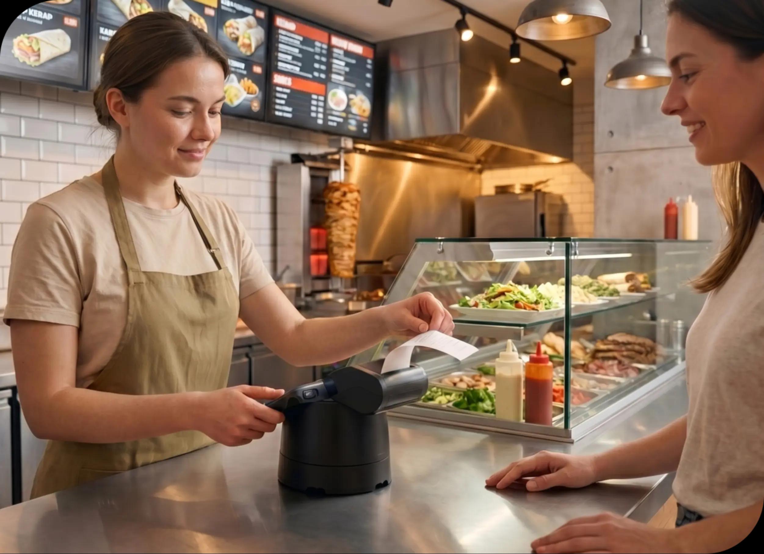 Sprzedawczyni wydaje paragon z terminala POS w restauracji szybkiej obsługi