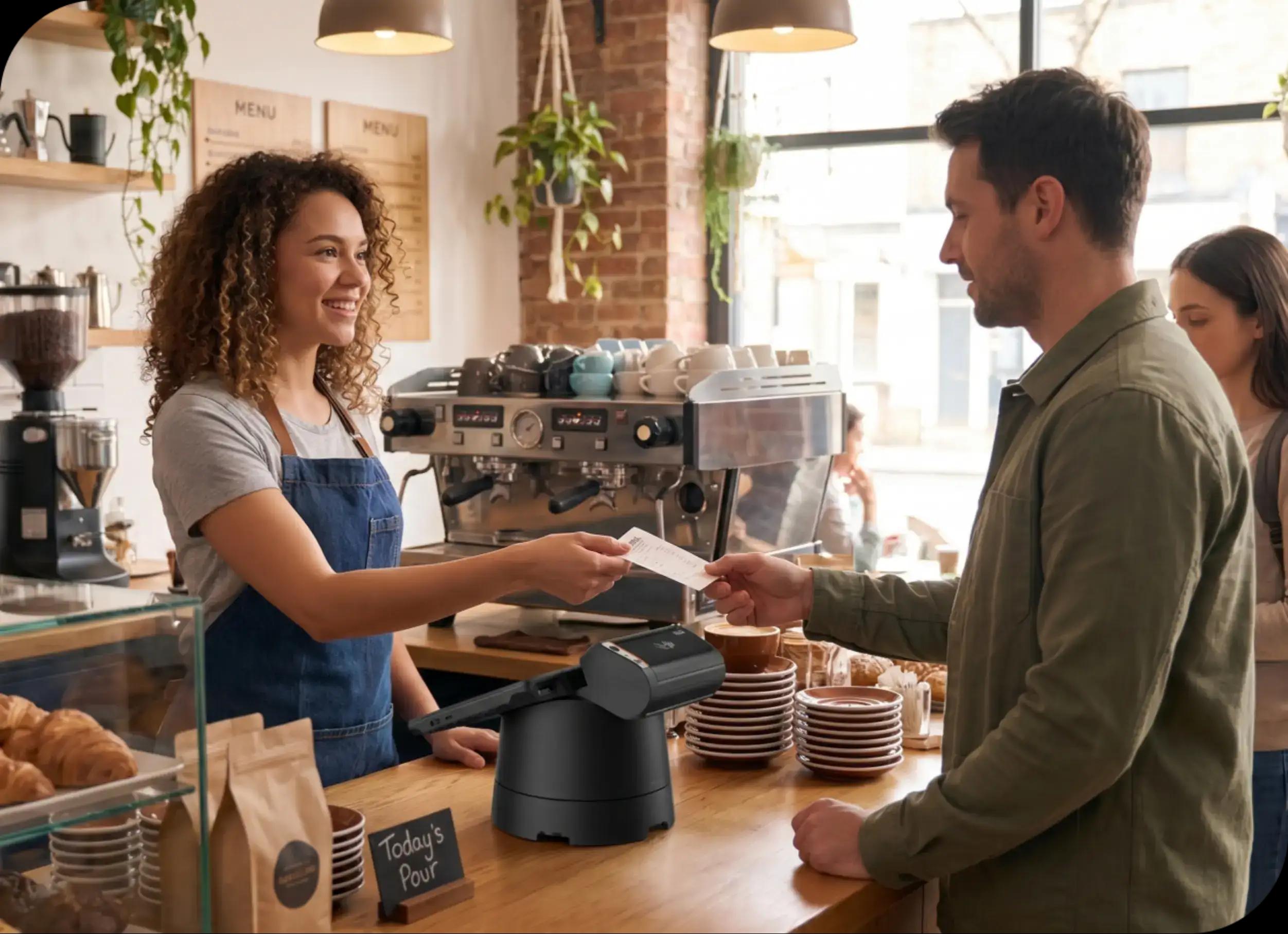Barista wydaje paragon klientowi w kawiarni z terminalem POS