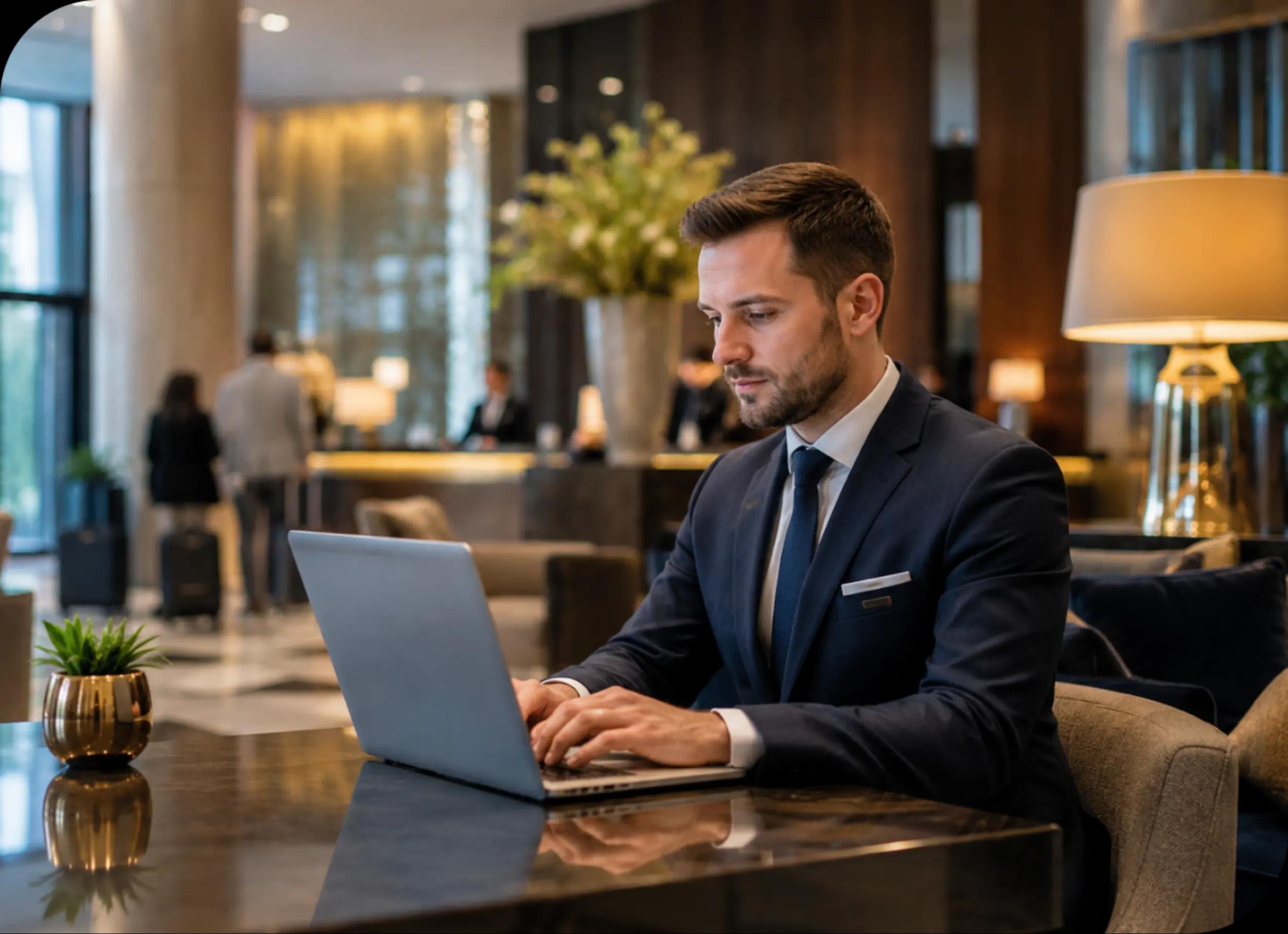 Mężczyzna pracuje na laptopie w lobby hotelu