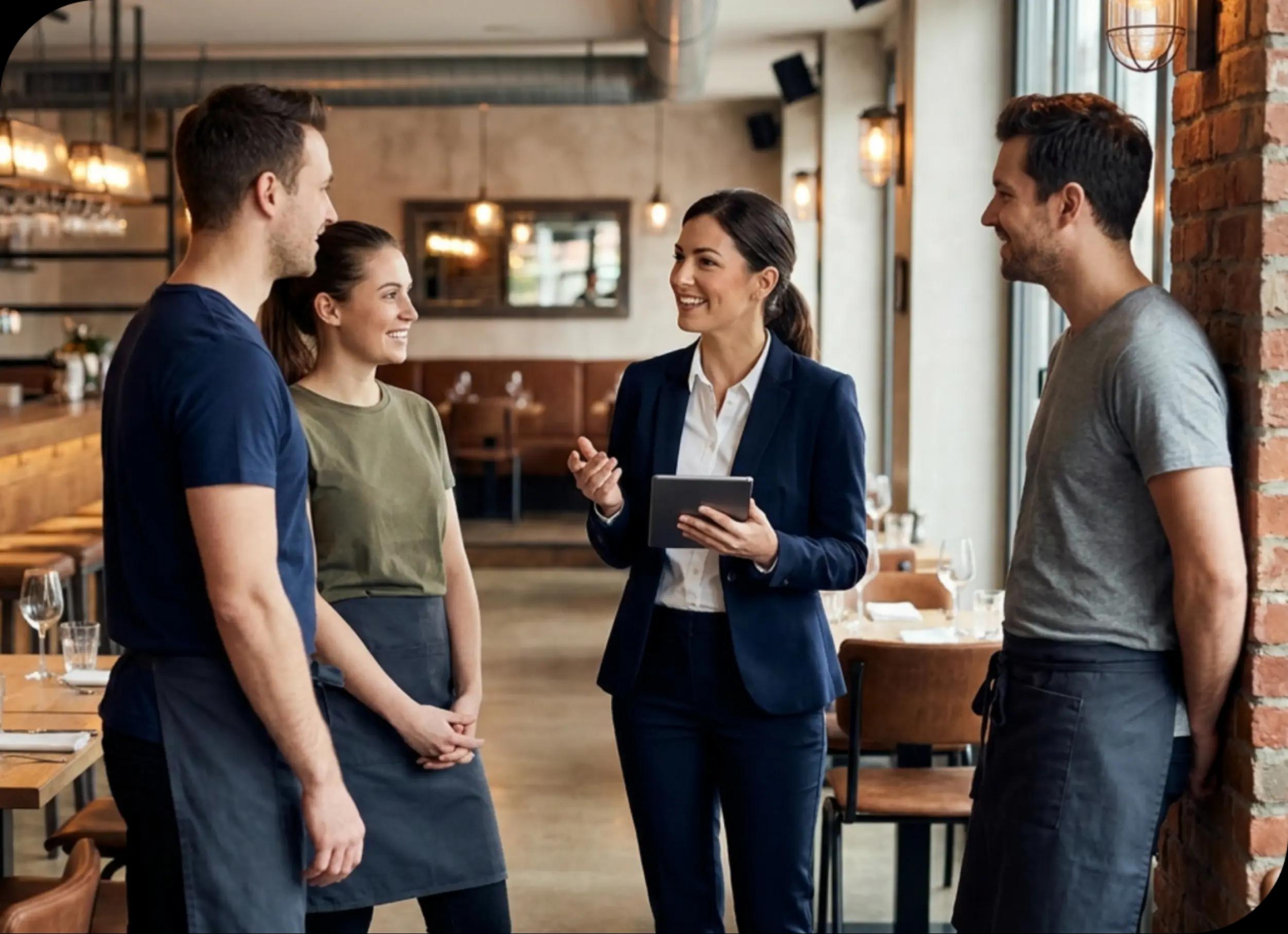 Managerka z tabletem rozmawia z zespołem restauracji