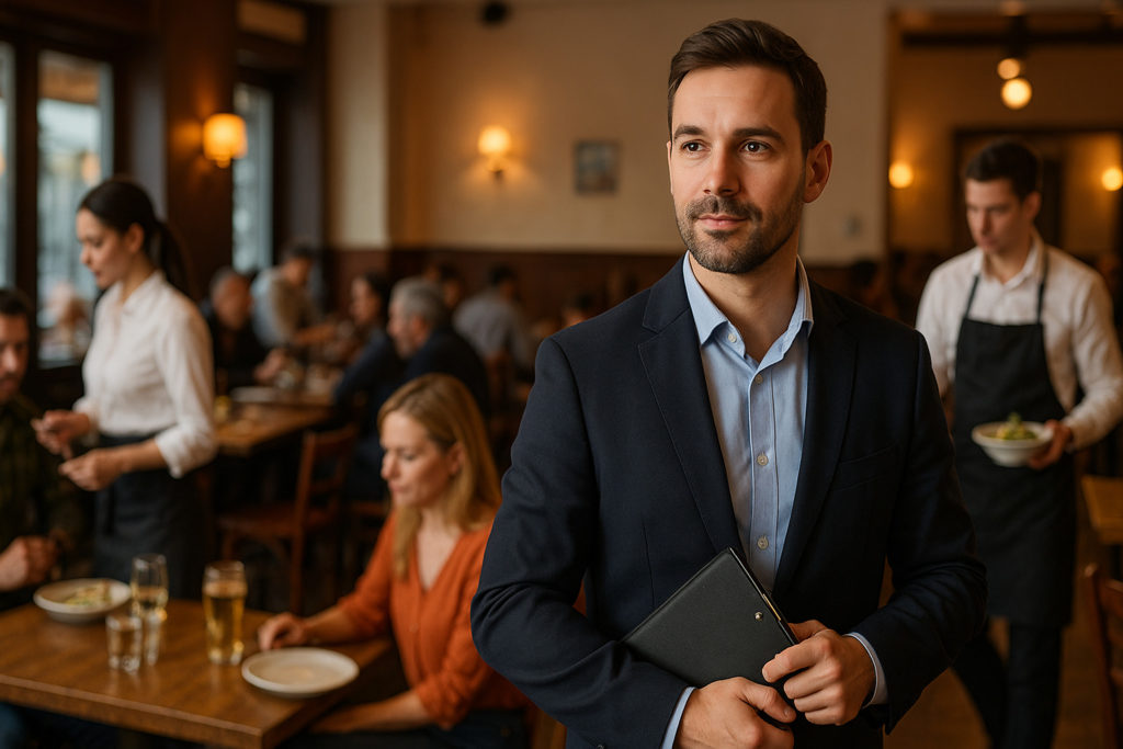 Manager stojący na tle restauracji pełnej gości, którzy siedzą przy stolikach i są obsługiwani przez kelnerów.